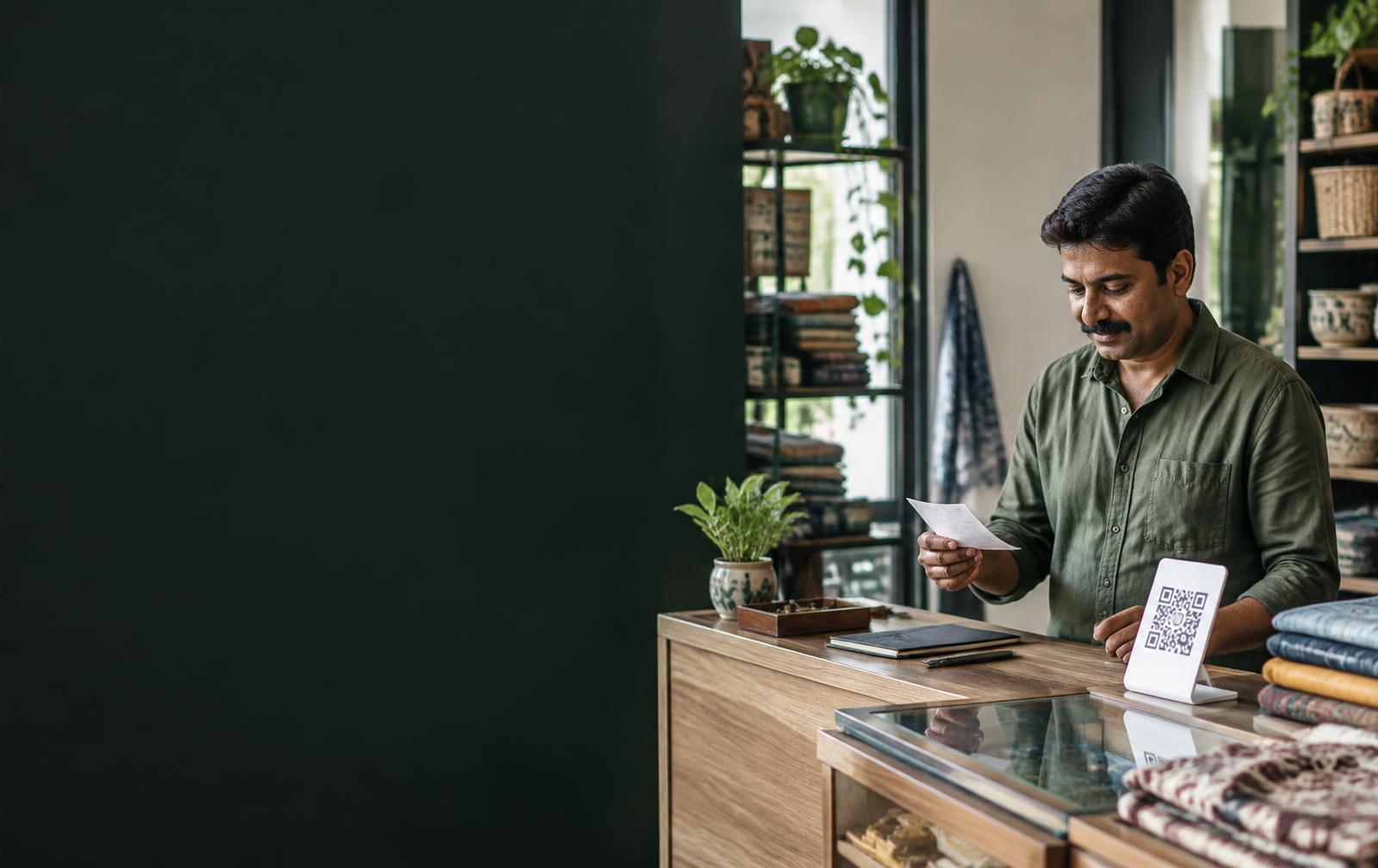 Shop owner reviewing a bill at his counter beside a payment QR